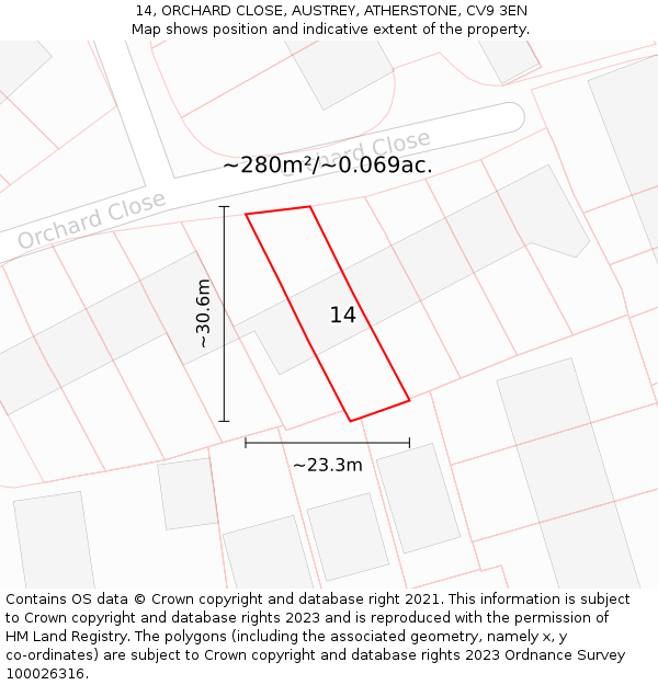 14, ORCHARD CLOSE, AUSTREY, ATHERSTONE, CV9 3EN: Plot and title map