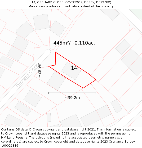 14, ORCHARD CLOSE, OCKBROOK, DERBY, DE72 3RQ: Plot and title map