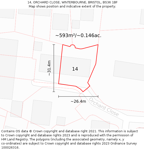 14, ORCHARD CLOSE, WINTERBOURNE, BRISTOL, BS36 1BF: Plot and title map