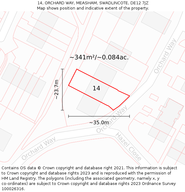 14, ORCHARD WAY, MEASHAM, SWADLINCOTE, DE12 7JZ: Plot and title map