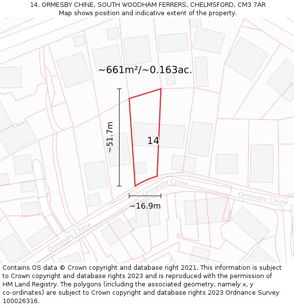 14, ORMESBY CHINE, SOUTH WOODHAM FERRERS, CHELMSFORD, CM3 7AR: Plot and title map