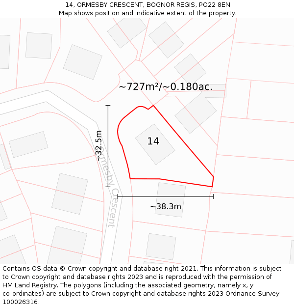 14, ORMESBY CRESCENT, BOGNOR REGIS, PO22 8EN: Plot and title map