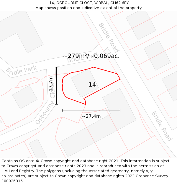 14, OSBOURNE CLOSE, WIRRAL, CH62 6EY: Plot and title map