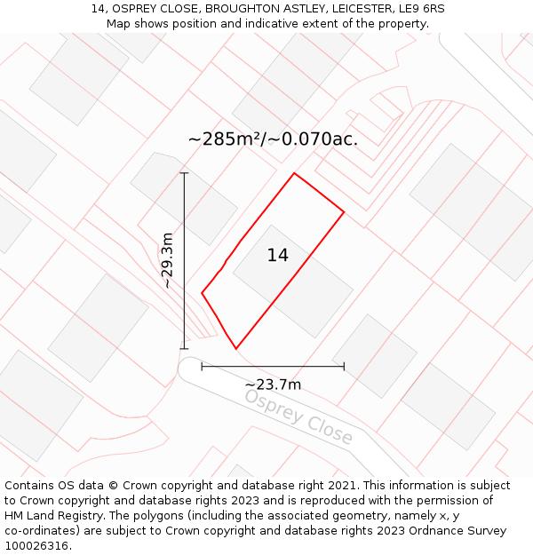 14, OSPREY CLOSE, BROUGHTON ASTLEY, LEICESTER, LE9 6RS: Plot and title map