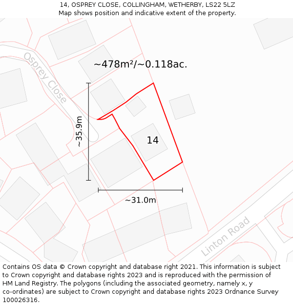 14, OSPREY CLOSE, COLLINGHAM, WETHERBY, LS22 5LZ: Plot and title map
