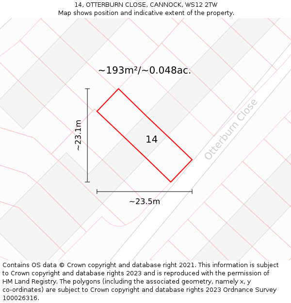 14, OTTERBURN CLOSE, CANNOCK, WS12 2TW: Plot and title map