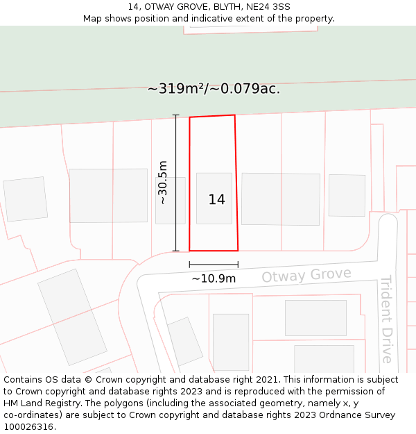 14, OTWAY GROVE, BLYTH, NE24 3SS: Plot and title map