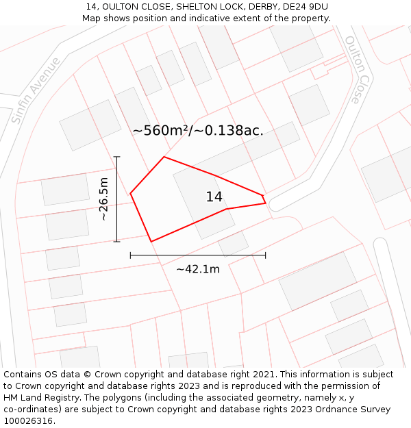 14, OULTON CLOSE, SHELTON LOCK, DERBY, DE24 9DU: Plot and title map