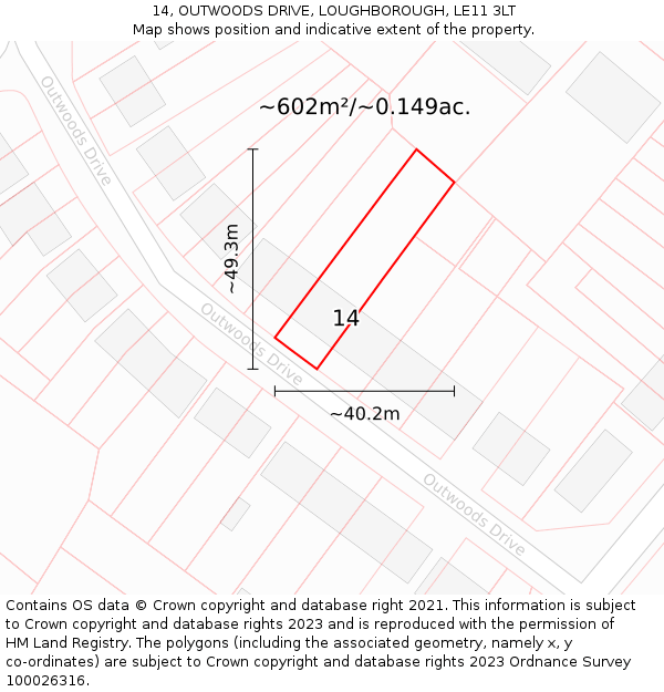 14, OUTWOODS DRIVE, LOUGHBOROUGH, LE11 3LT: Plot and title map