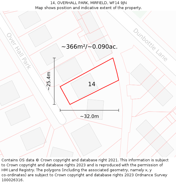 14, OVERHALL PARK, MIRFIELD, WF14 9JN: Plot and title map