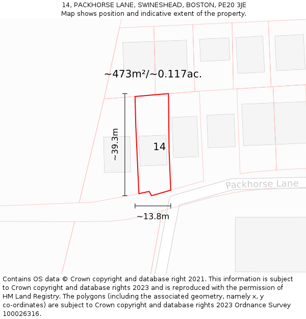 14, PACKHORSE LANE, SWINESHEAD, BOSTON, PE20 3JE: Plot and title map