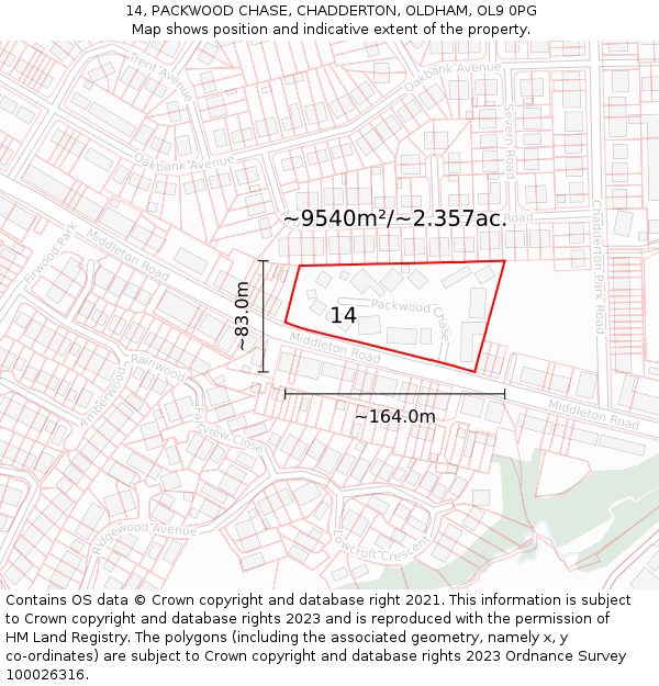 14, PACKWOOD CHASE, CHADDERTON, OLDHAM, OL9 0PG: Plot and title map