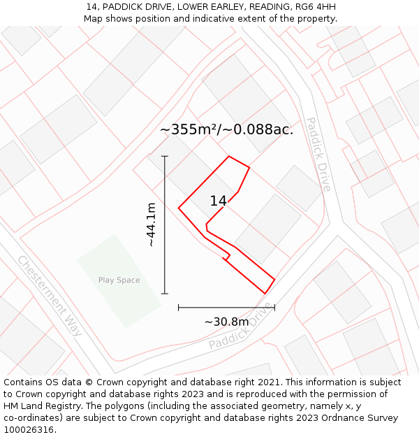 14, PADDICK DRIVE, LOWER EARLEY, READING, RG6 4HH: Plot and title map