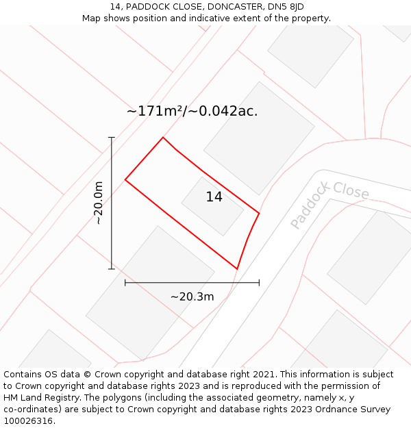 14, PADDOCK CLOSE, DONCASTER, DN5 8JD: Plot and title map