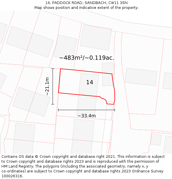 14, PADDOCK ROAD, SANDBACH, CW11 3SN: Plot and title map
