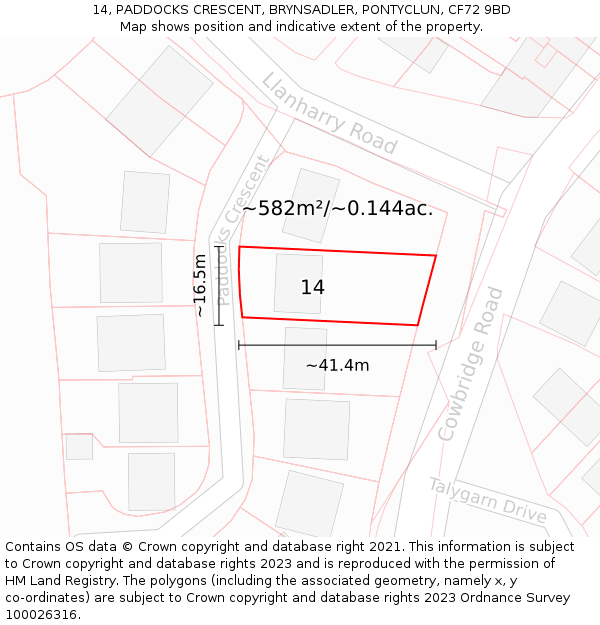 14, PADDOCKS CRESCENT, BRYNSADLER, PONTYCLUN, CF72 9BD: Plot and title map