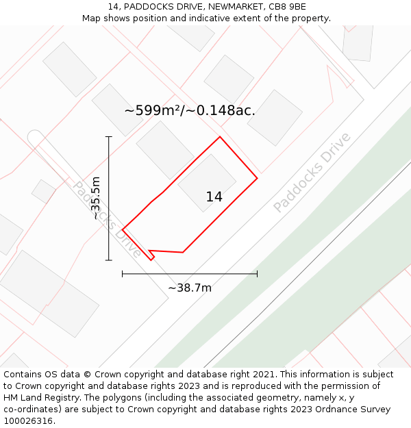 14, PADDOCKS DRIVE, NEWMARKET, CB8 9BE: Plot and title map