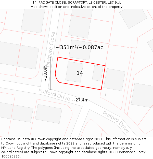 14, PADGATE CLOSE, SCRAPTOFT, LEICESTER, LE7 9UL: Plot and title map