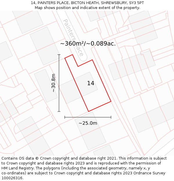 14, PAINTERS PLACE, BICTON HEATH, SHREWSBURY, SY3 5PT: Plot and title map