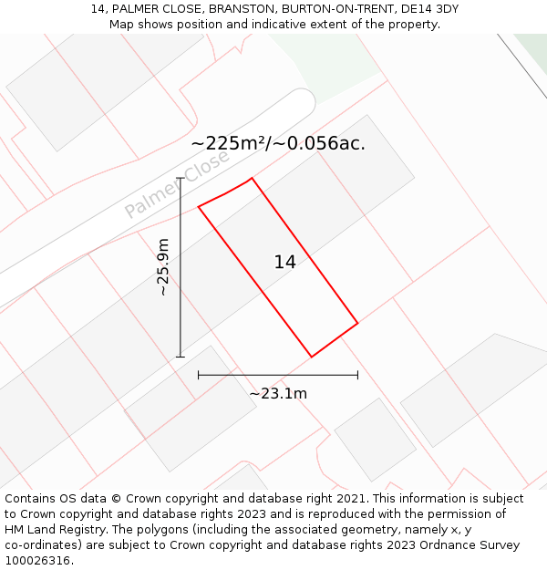 14, PALMER CLOSE, BRANSTON, BURTON-ON-TRENT, DE14 3DY: Plot and title map