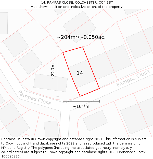 14, PAMPAS CLOSE, COLCHESTER, CO4 9ST: Plot and title map