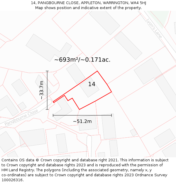 14, PANGBOURNE CLOSE, APPLETON, WARRINGTON, WA4 5HJ: Plot and title map