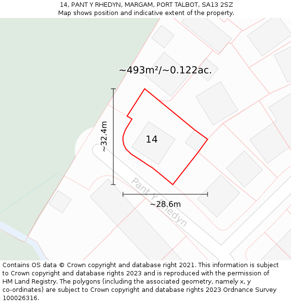 14, PANT Y RHEDYN, MARGAM, PORT TALBOT, SA13 2SZ: Plot and title map