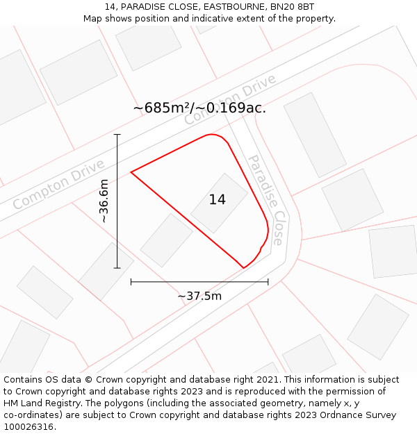 14, PARADISE CLOSE, EASTBOURNE, BN20 8BT: Plot and title map