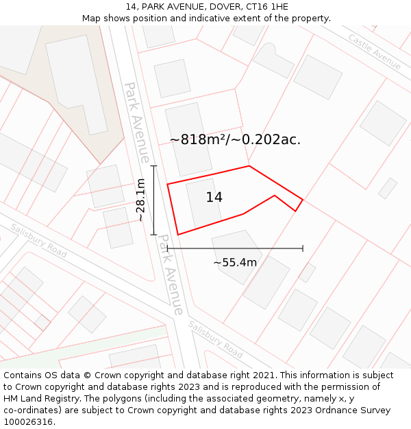 14, PARK AVENUE, DOVER, CT16 1HE: Plot and title map