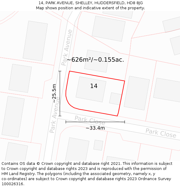 14, PARK AVENUE, SHELLEY, HUDDERSFIELD, HD8 8JG: Plot and title map