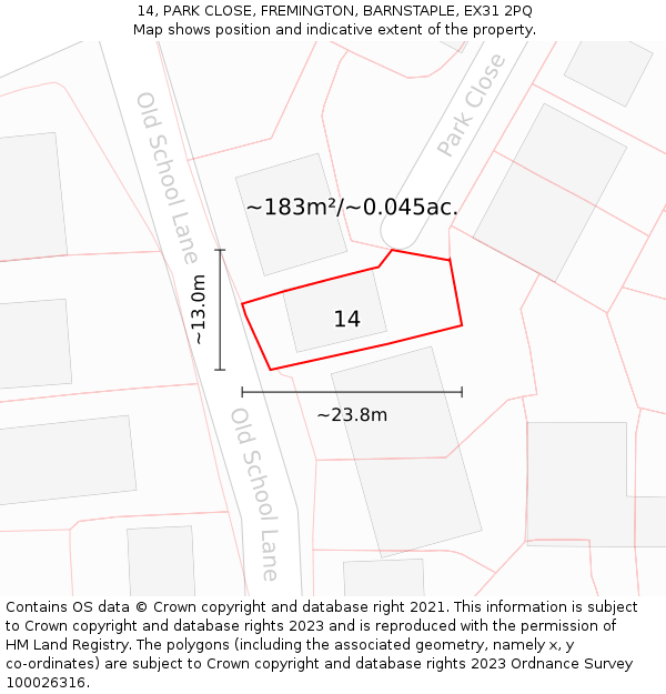 14, PARK CLOSE, FREMINGTON, BARNSTAPLE, EX31 2PQ: Plot and title map