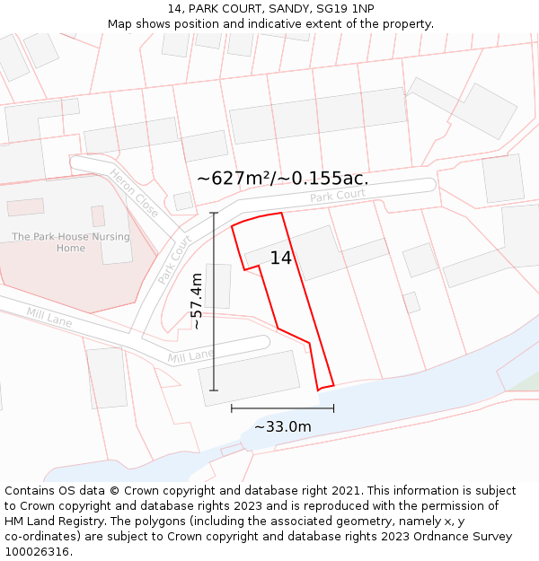 14, PARK COURT, SANDY, SG19 1NP: Plot and title map
