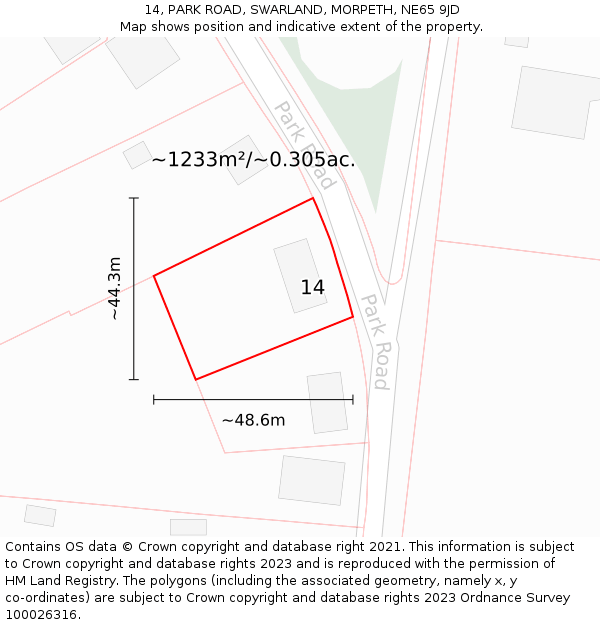 14, PARK ROAD, SWARLAND, MORPETH, NE65 9JD: Plot and title map