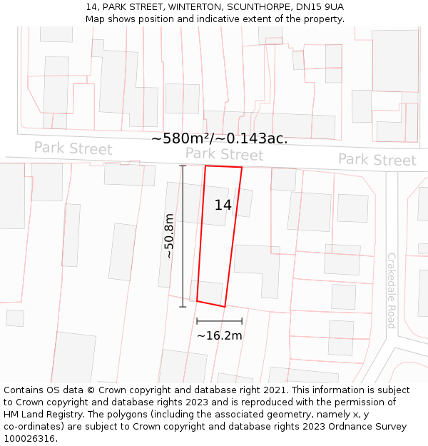 14, PARK STREET, WINTERTON, SCUNTHORPE, DN15 9UA: Plot and title map