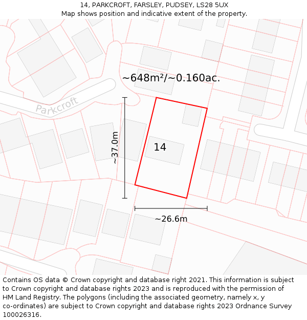 14, PARKCROFT, FARSLEY, PUDSEY, LS28 5UX: Plot and title map