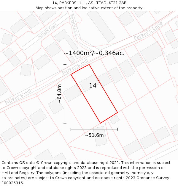 14, PARKERS HILL, ASHTEAD, KT21 2AR: Plot and title map
