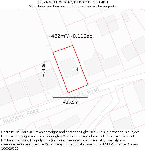14, PARKFIELDS ROAD, BRIDGEND, CF31 4BH: Plot and title map
