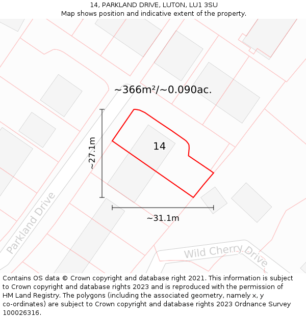 14, PARKLAND DRIVE, LUTON, LU1 3SU: Plot and title map