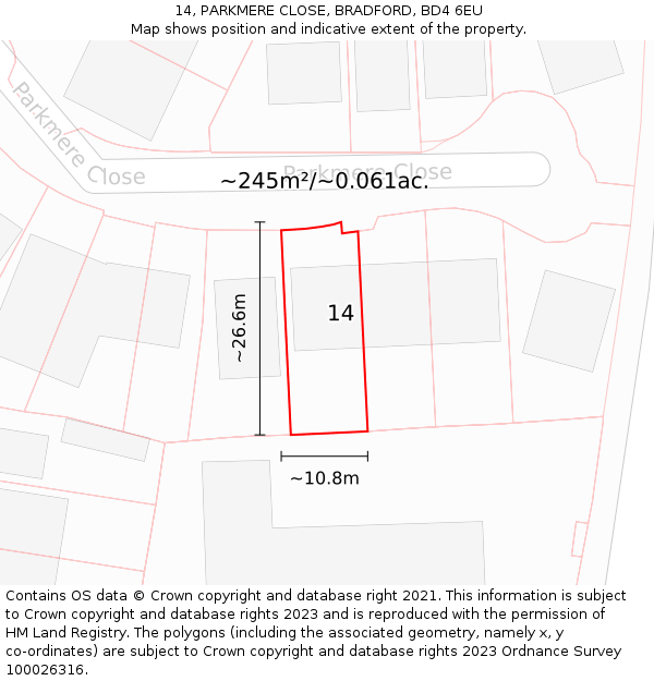 14, PARKMERE CLOSE, BRADFORD, BD4 6EU: Plot and title map