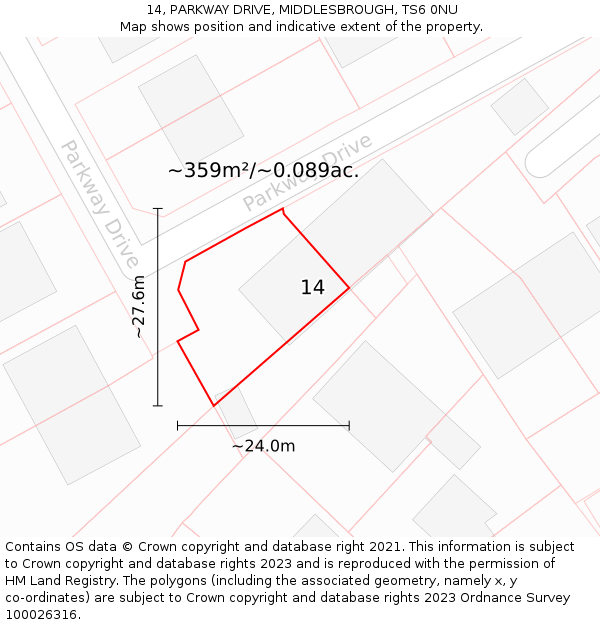 14, PARKWAY DRIVE, MIDDLESBROUGH, TS6 0NU: Plot and title map
