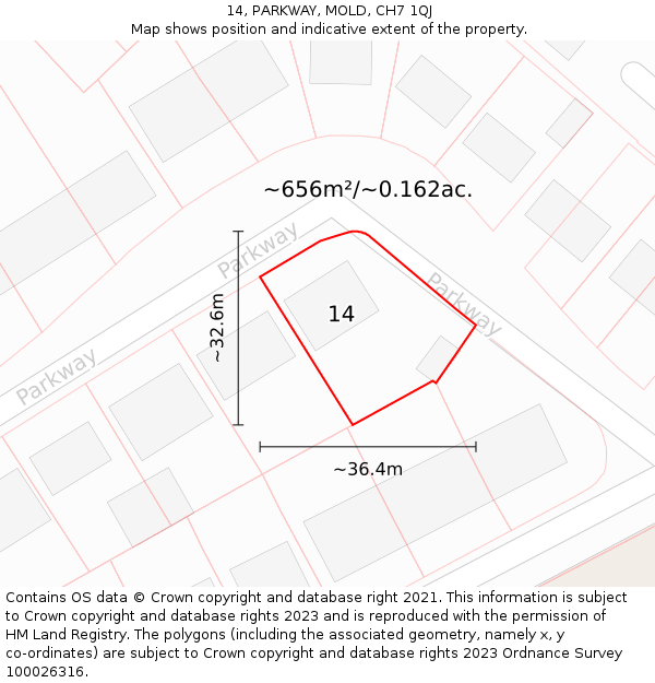 14, PARKWAY, MOLD, CH7 1QJ: Plot and title map