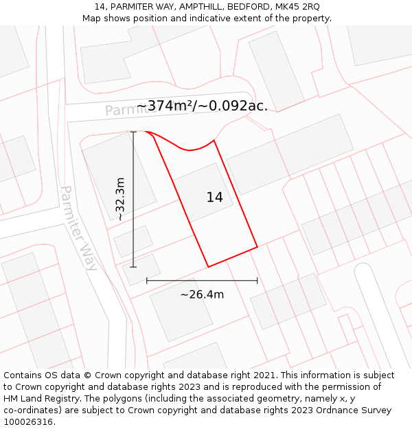 14, PARMITER WAY, AMPTHILL, BEDFORD, MK45 2RQ: Plot and title map