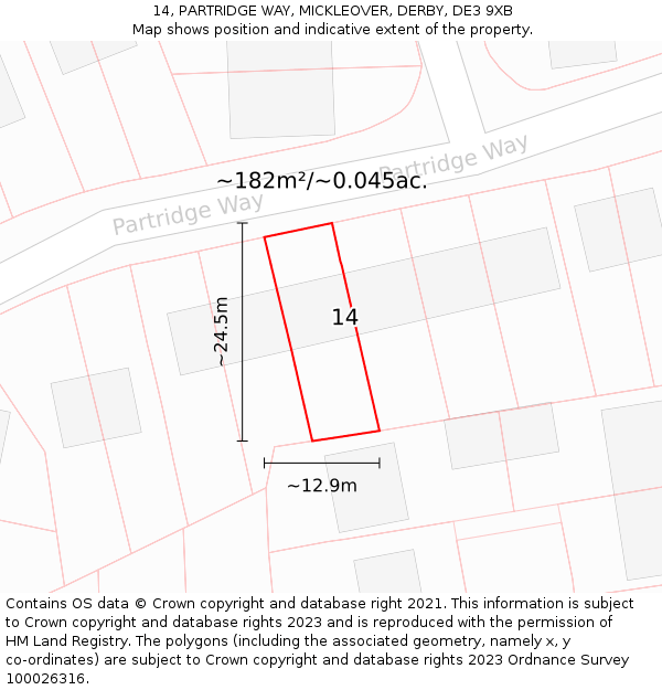 14, PARTRIDGE WAY, MICKLEOVER, DERBY, DE3 9XB: Plot and title map
