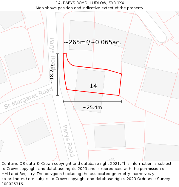 14, PARYS ROAD, LUDLOW, SY8 1XX: Plot and title map