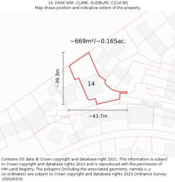 14, PASK WAY, CLARE, SUDBURY, CO10 8FJ: Plot and title map