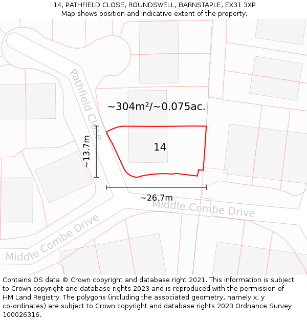 14, PATHFIELD CLOSE, ROUNDSWELL, BARNSTAPLE, EX31 3XP: Plot and title map