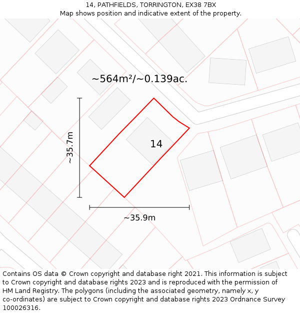 14, PATHFIELDS, TORRINGTON, EX38 7BX: Plot and title map