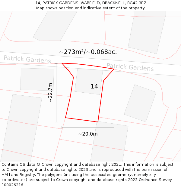 14, PATRICK GARDENS, WARFIELD, BRACKNELL, RG42 3EZ: Plot and title map
