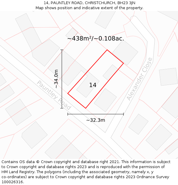 14, PAUNTLEY ROAD, CHRISTCHURCH, BH23 3JN: Plot and title map