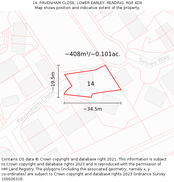 14, PAVENHAM CLOSE, LOWER EARLEY, READING, RG6 4DX: Plot and title map